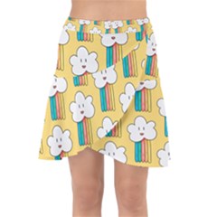 Smile Cloud Rainbow Pattern Yellow Wrap Front Skirt by Apen