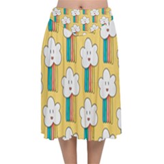 Smile Cloud Rainbow Pattern Yellow Velvet Flared Midi Skirt by Apen