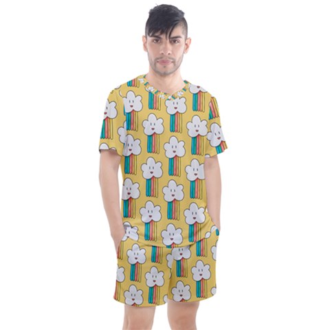 Smile Cloud Rainbow Pattern Yellow Men s Mesh T-shirt And Shorts Set by Apen