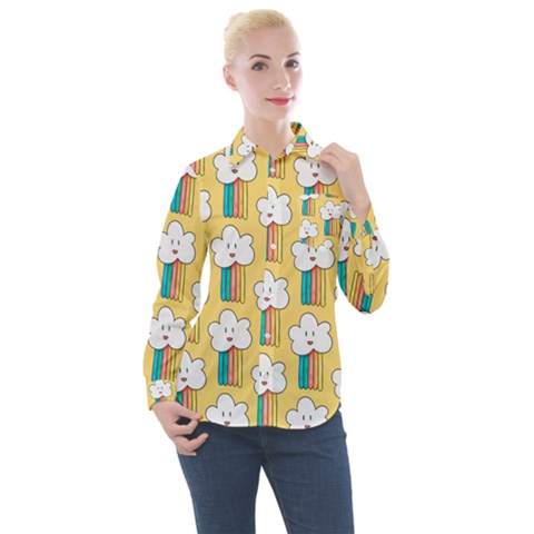 Smile Cloud Rainbow Pattern Yellow Women s Long Sleeve Pocket Shirt by Apen