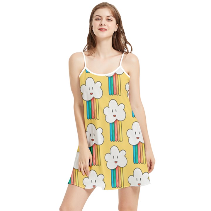 Smile Cloud Rainbow Pattern Yellow Summer Frill Dress