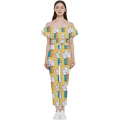 Smile Cloud Rainbow Pattern Yellow Bardot Ruffle Jumpsuit by Apen