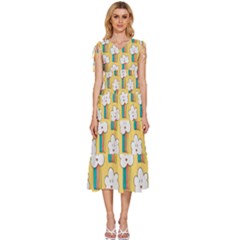 Smile Cloud Rainbow Pattern Yellow V-neck Drawstring Shoulder Sleeveless Maxi Dress by Apen