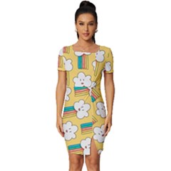 Smile Cloud Rainbow Pattern Yellow Fitted Knot Split End Bodycon Dress by Apen