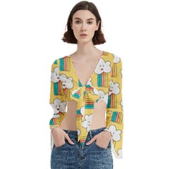 Smile Cloud Rainbow Pattern Yellow Trumpet Sleeve Cropped Top