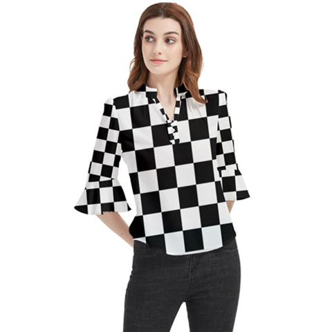 Chess Board Background Design Loose Horn Sleeve Chiffon Blouse by Apen