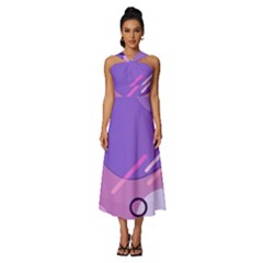 Hand Drawn Abstract Organic Shapes Background Sleeveless Cross Front Cocktail Midi Chiffon Dress