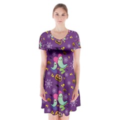 Pumpkin Ghost Skeleton Pattern Short Sleeve V-neck Flare Dress by Jatiart