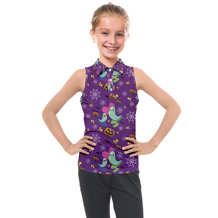 Pumpkin Ghost Skeleton Pattern Kids  Sleeveless Polo T-Shirt