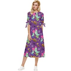 Pumpkin Ghost Skeleton Pattern Bow Sleeve Chiffon Midi Dress by Jatiart