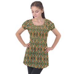 Pattern Design Vintage Abstract Puff Sleeve Tunic Top