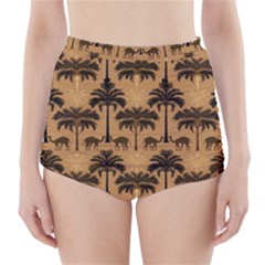 Camel Palm Tree Patern High-waisted Bikini Bottoms by Jatiart