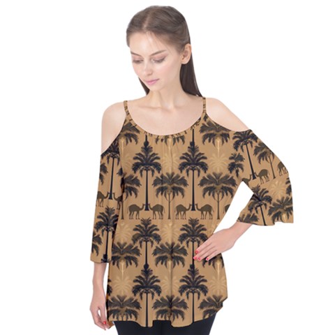 Camel Palm Tree Patern Flutter Sleeve T-shirt  by Jatiart