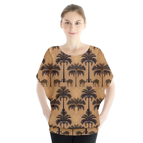 Camel Palm Tree Patern Batwing Chiffon Blouse by Jatiart