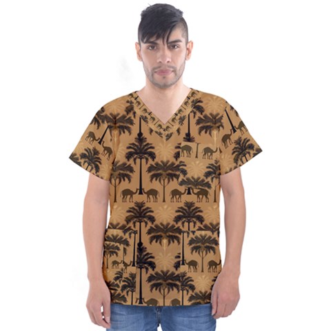 Camel Palm Tree Patern Men s V-neck Scrub Top by Jatiart