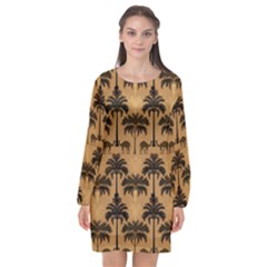 Camel Palm Tree Patern Long Sleeve Chiffon Shift Dress  by Jatiart