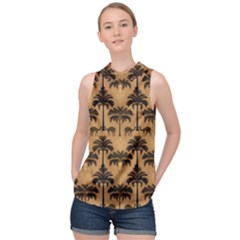 Camel Palm Tree Patern High Neck Satin Top by Jatiart