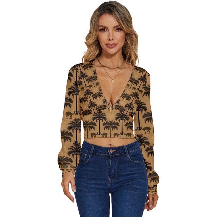 Peacock Feathers Long Sleeve Deep-V Velour Top