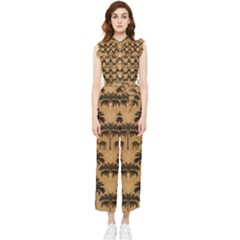 Camel Palm Tree Patern Women s Frill Top Chiffon Jumpsuit by Jatiart