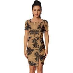 Camel Palm Tree Patern Fitted Knot Split End Bodycon Dress by Jatiart