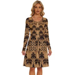 Camel Palm Tree Patern Long Sleeve Dress With Pocket by Jatiart