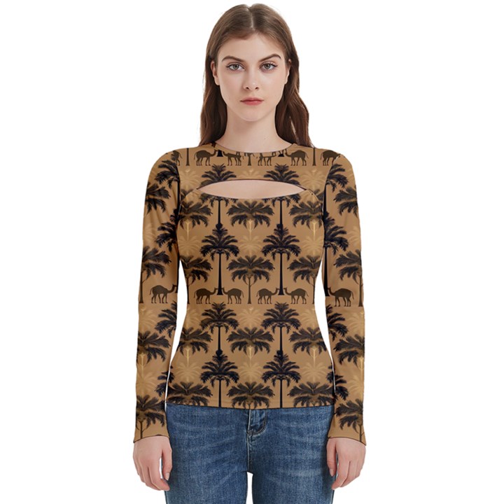 Camel Palm Tree Patern Women s Cut Out Long Sleeve T-Shirt