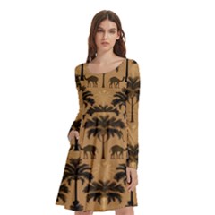 Camel Palm Tree Patern Long Sleeve Knee Length Skater Dress With Pockets by Jatiart