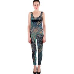 Vintage Peacock Feather One Piece Catsuit by Jatiart