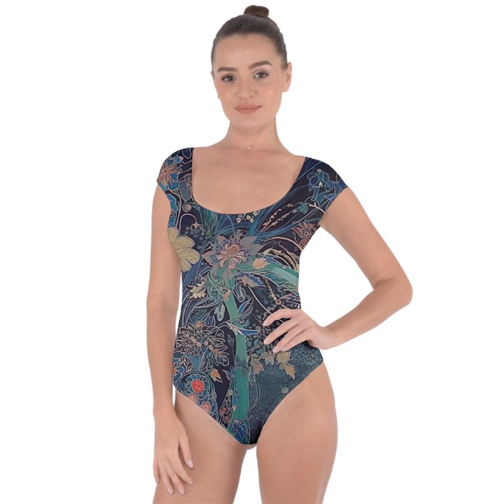 Vintage Peacock Feather Short Sleeve Leotard 