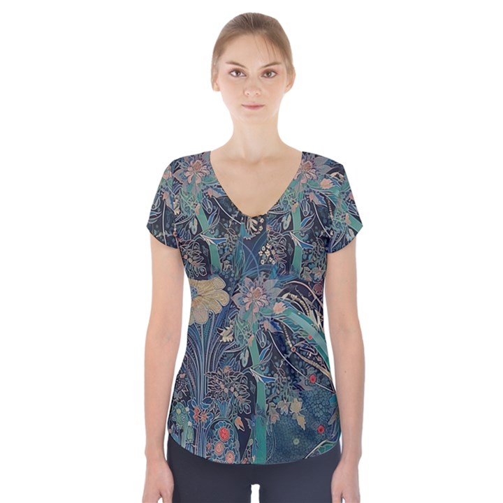 Vintage Peacock Feather Short Sleeve Front Detail Top