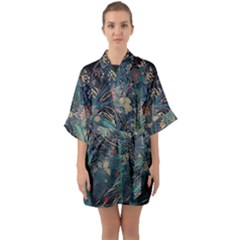 Bird Flower Tree Forest Half Sleeve Satin Kimono 