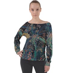 Bird Flower Tree Forest Off Shoulder Long Sleeve Velour Top by Jatiart