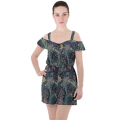 Bird Flower Tree Forest Ruffle Cut Out Chiffon Playsuit by Jatiart