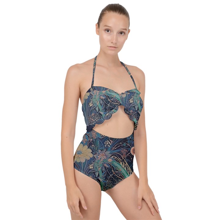 Flowers Trees Forest Scallop Top Cut Out Swimsuit