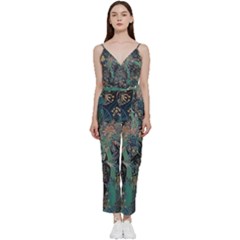 Vintage Peacock Feather V-neck Camisole Jumpsuit