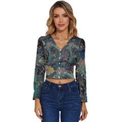 Bird Flower Tree Forest Long Sleeve V-neck Top by Jatiart