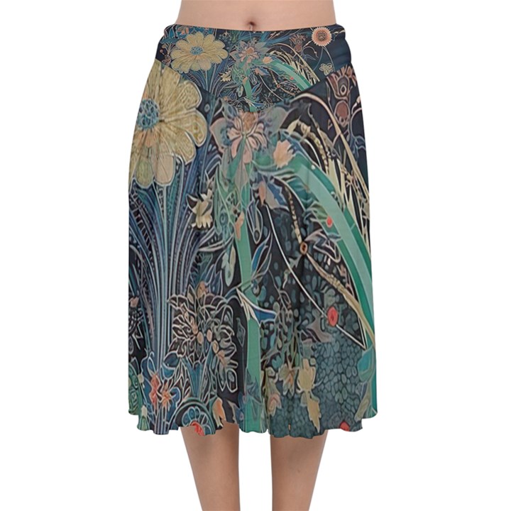 Vintage World Map Velvet Flared Midi Skirt