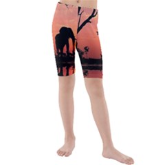 Elephant Landscape Tree Africa Sunset Safari Wild Kids  Mid Length Swim Shorts by Jatiart