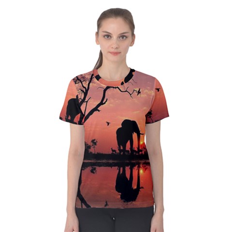 Elephant Landscape Tree Africa Sunset Safari Wild Women s Cotton T-shirt by Jatiart