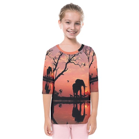 Elephant Landscape Tree Africa Sunset Safari Wild Kids  Quarter Sleeve Raglan T-shirt by Jatiart