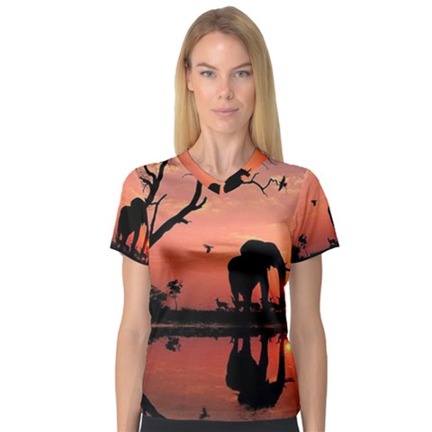 Elephant Landscape Tree Africa Sunset Safari Wild V-neck Sport Mesh T-shirt by Jatiart