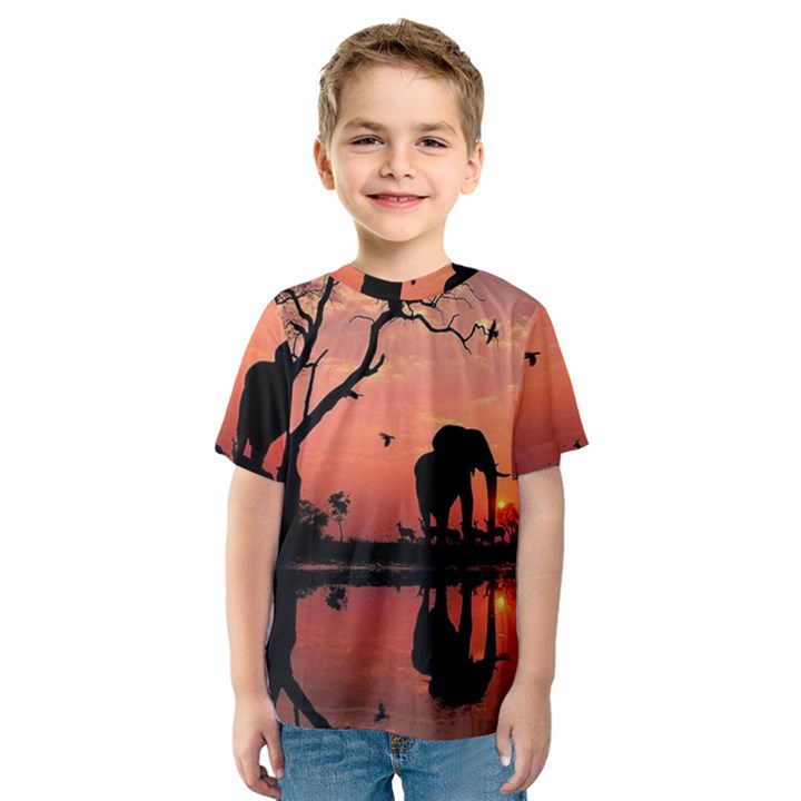 Elephant Landscape Tree Africa Sunset Safari Wild Kids  Sport Mesh T-Shirt