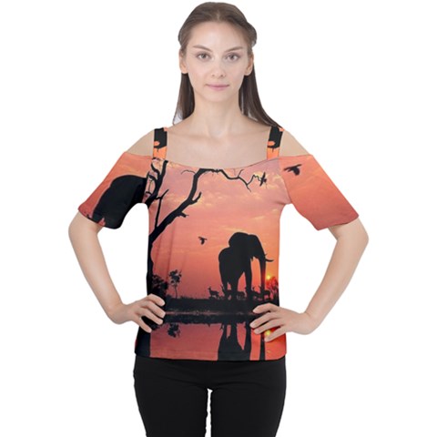 Elephant Landscape Tree Africa Sunset Safari Wild Cutout Shoulder T-shirt by Jatiart