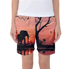 Elephant Landscape Tree Africa Sunset Safari Wild Women s Basketball Shorts by Jatiart