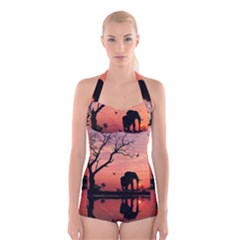 Elephant Landscape Tree Africa Sunset Safari Wild Boyleg Halter Swimsuit  by Jatiart