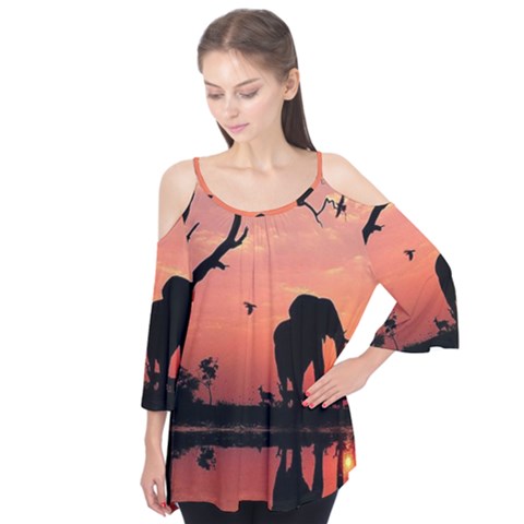 Elephant Landscape Tree Africa Sunset Safari Wild Flutter Sleeve T-shirt  by Jatiart