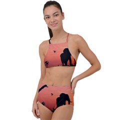 Elephant Landscape Tree Africa Sunset Safari Wild Halter Tankini Set by Jatiart