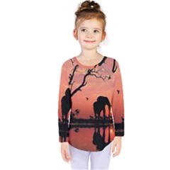 Elephant Landscape Tree Africa Sunset Safari Wild Kids  Long Sleeve T-shirt