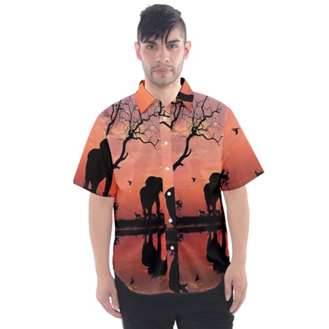 Elephant Landscape Tree Africa Sunset Safari Wild Men s Short Sleeve Shirt by Jatiart