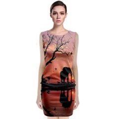 Elephant Landscape Tree Africa Sunset Safari Wild Sleeveless Velvet Midi Dress by Jatiart